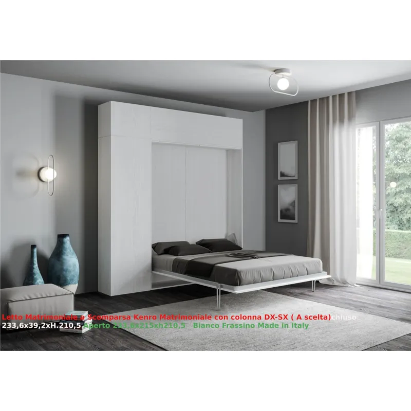 Spedito Oggi Letto a scomparsa Kentaro Matrimoniale con Colonna DX-SX + pensile Vasistas Chiuso Occupa solo 39 cm di profondità, Dimensioni chiuso 233,6x39,2xh250,5 cm struttura in legno colore Bianco Frassino Itamoby
