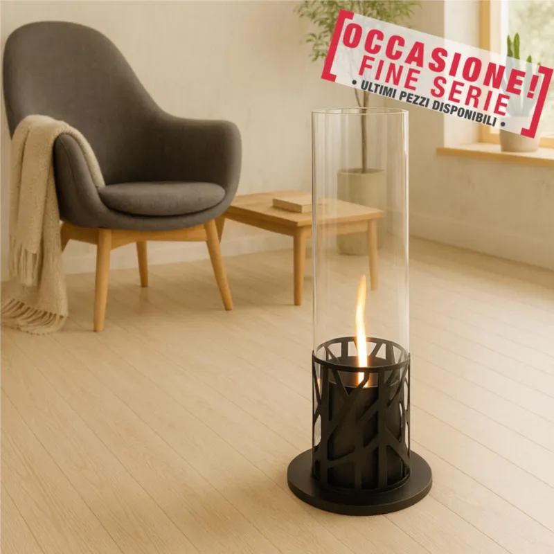 Di Tendenza Biocamino da terra con Struttura in metallo verniciato e Vetro temperato Dimensioni 20,3x20,3x h50 cm - peso 2,6 kg Riscalda 20 MQ Potenza 2 Kw/h colore nero Stones Srl