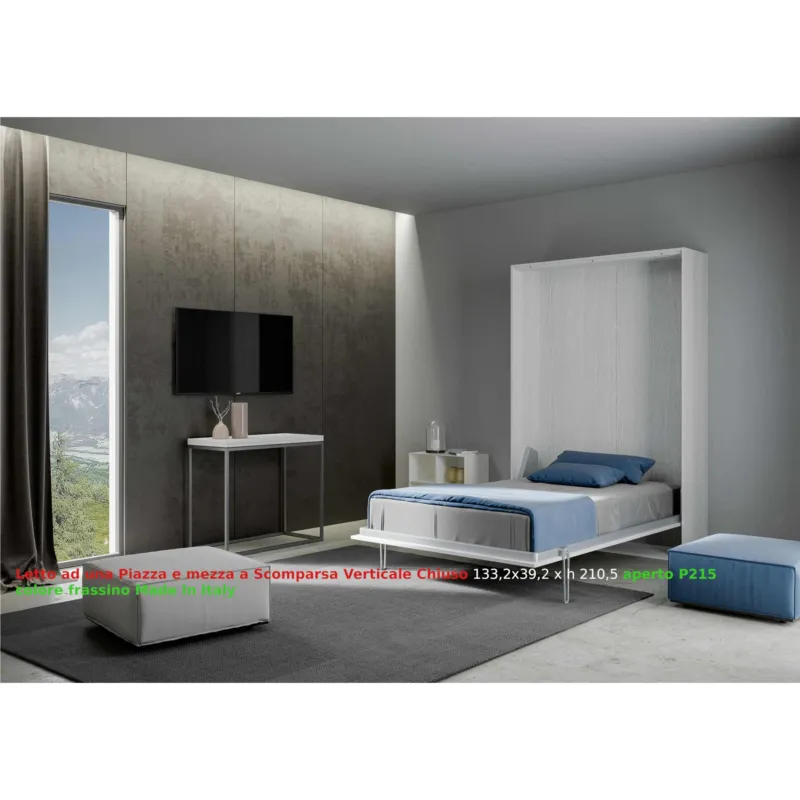 Professionale Letto a scomparsa Kentaro Una Piazza E Mezza Chiuso Occupa solo 39 cm di profondità, Dimensioni chiuso 133.2x39,2xh210 cm struttura in legno colore Bianco Frassino Itamoby