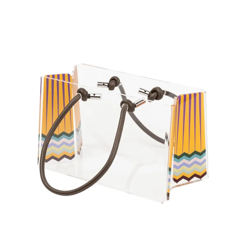 Non Perdere Portariviste, Shop Bag contenitore porta oggetti in plexiglas SMALL Decoro RAIMBOW 20x14x h12 cm colore multicolor manici ecopelle Vesta