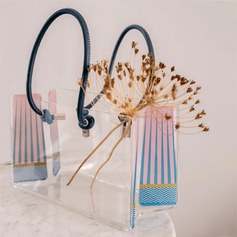 Vendita Finale Portariviste, Shop Bag contenitore porta oggetti in plexiglas SMALL Decoro MODERN 20x14x h12 cm colore multicolor manici ecopelle Vesta