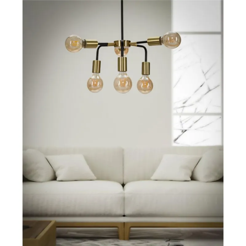 Pagamento Sicuro Lampadario con 6 punti luce in metallo nero e dorato.DARKY, Dimensioni Ø 37x81 cm sfere in vetro bianco telaio oro nero Mauro Ferretti