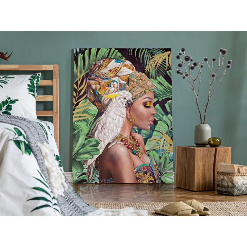 Ultimissimo Modello Dipinto su tela, quadro, donna seduta con un pappagallo KLOE 90x3x h 120 cm decoro raffigurante il volto di donna multicolore Mauro Ferretti