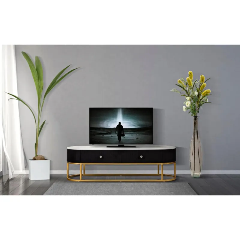 Ultima Occasione Mobile porta tv con i lati smussati con cassetto, MONTPELLIER, Dimensioni 150x42xh 45 cm La struttura in metallo dorato e tessuto imbottito Mauro Ferretti