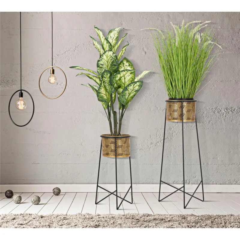 Portavasi con piedistallo in Metallo Oro e Black, EXY Dimensioni Ø 37x76- Ø27x51 cm portavasi con piedistallo con intagli Mauro Ferretti A Buon Prezzo