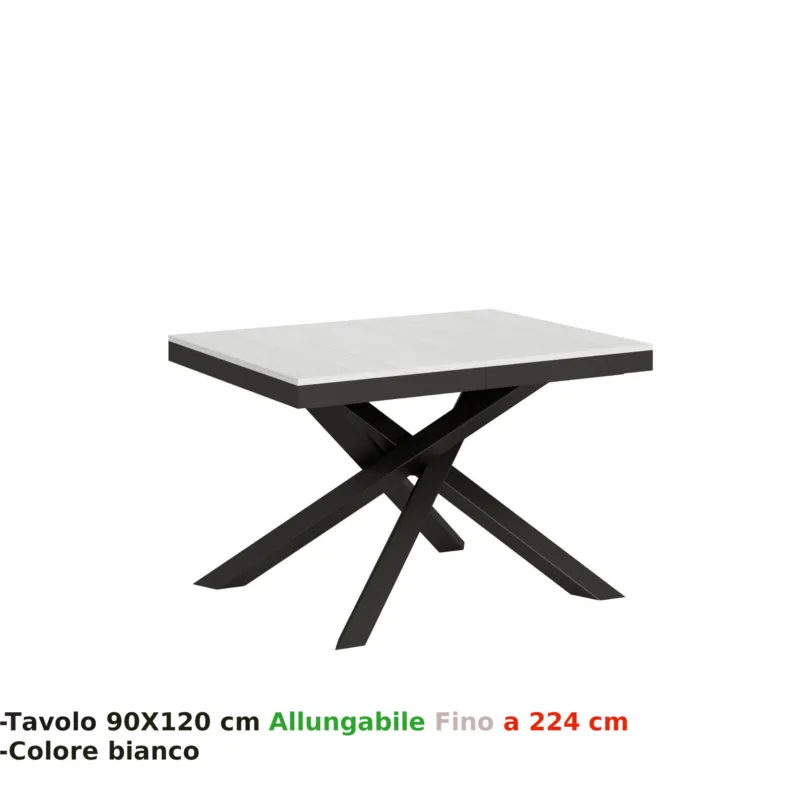 Tavolo Allungabile con 3 allunghe VOLANTIS EVOLUTION 90x120xh77 cm estensibile fino a 224 cm Allunghe da 52 cm, gambe in ferro verniciato colore BIANCO FRASSINO Itamoby Offerta Del Giorno