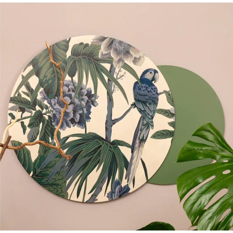 Economico Set di pannelli moderno con stampa esotica e tropicale AMAZZONIA dimensioni 110X70 cm cerchio Pappagallo Ø 80 cm legno colore Verde I Dettagli