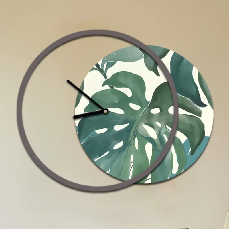 Orologio da parete rotondo MONSTER Moderno Diametro 60-max 75 x5 cm in legno con lancette nere , foglie di Monstera Verdi I Dettagli Super Prezzo