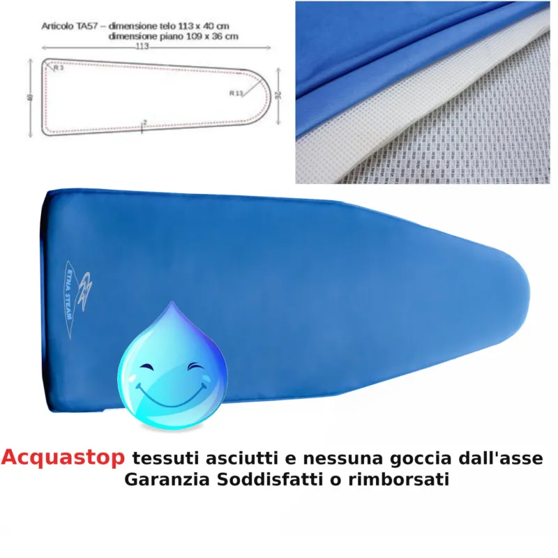 Copriasse ACQUASTOP per assi da stiro x Assi Termoaspirate Delta Sistem 113x40 cm per assi da Stiro con piano 109x36 cm, tessuto con imbottitura 600 gr blu Etna Steam Bestseller