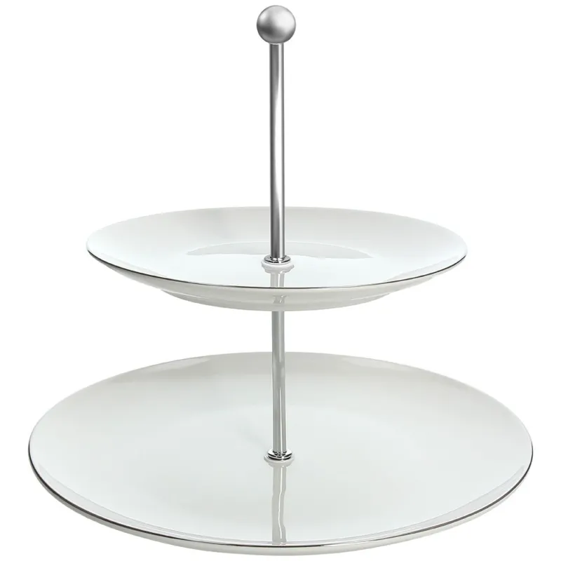 A Buon Prezzo Alzata torta 2 ripiani 27 cm fascetta platino Porcellana Bianco