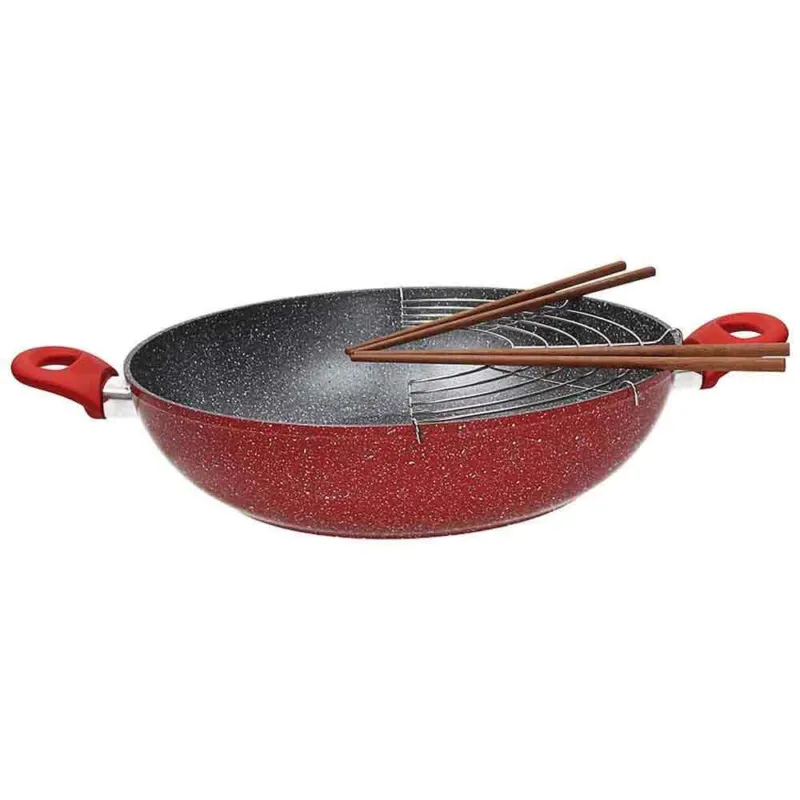 Wok con coperchio 32 cm + griglia + bastoncini Alluminio Rosso Professionale
