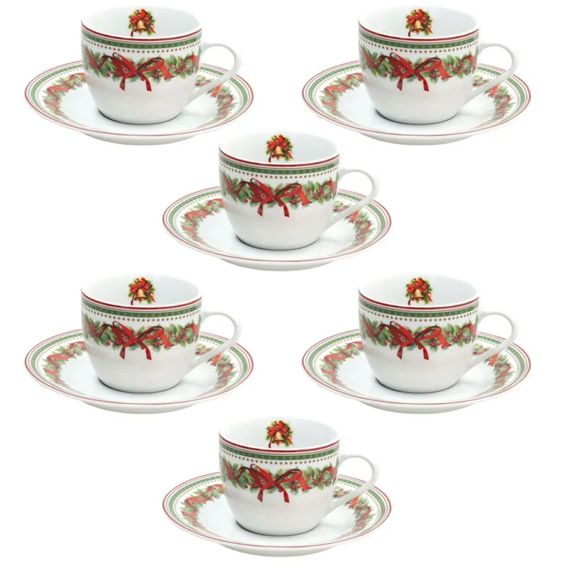 Affare Confezione 6 Tazze The Con piatto 220 cc Christmas Eve Porcellana Multicolor