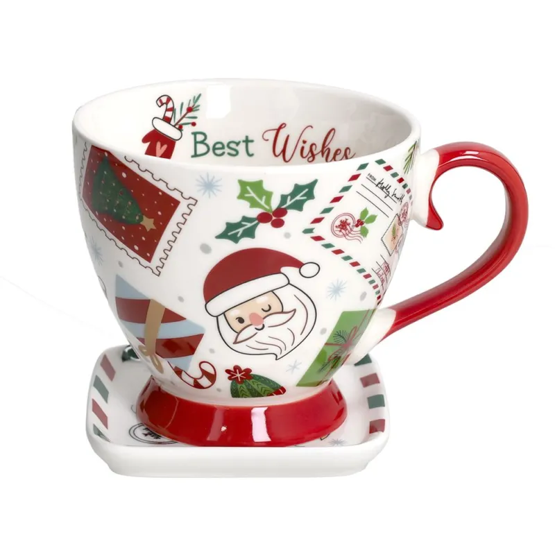 Set Tazza con piatto quadrato Let It Snow New Bone China Multicolor Popolare
