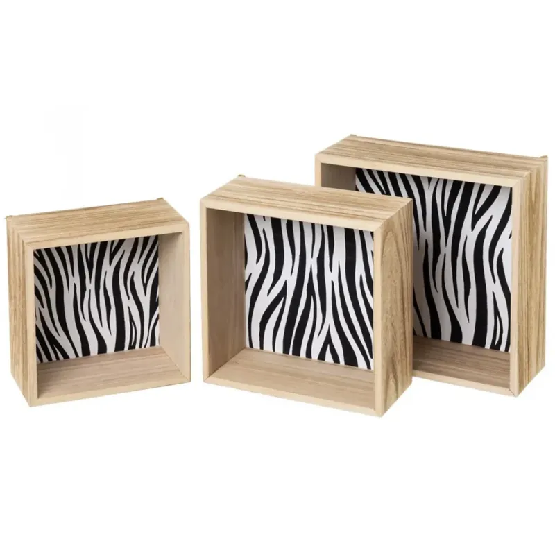 Set 3 Mensole Cubo da Parete Design Moderno con Fondo Zebrato Scaffale in Legno Scelto Dai Clienti