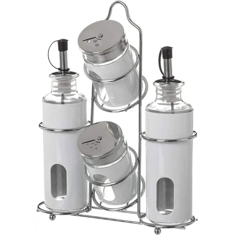 Set Oliera 4 Pezzi Olio Aceto Sale Pepe in Acciaio Stand in Metallo Portaspezie Soddisfatti O Rimborsati