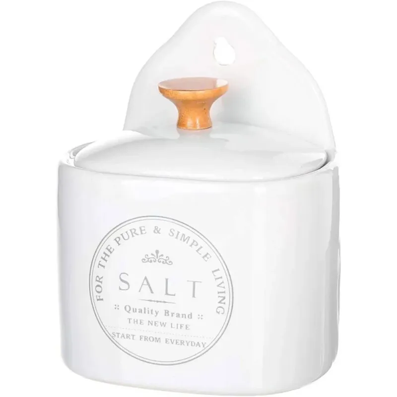 Super Prezzo Saliera Barattolo in Ceramica Bianca con Coperchio e Gancio Foro Fissaggio Muro