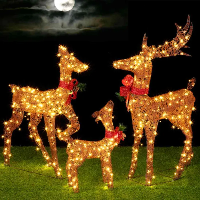 Famiglia 3 Renne Luminose di Natale 600 LED Bianco Caldo Intreccio Corda Esterno Super Prezzo