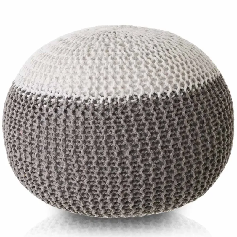 Pouf Poggiapiedi Tessuto a maglia Tondo Bianco e Grigio Fodera Rimovibile 45 cm Prezzo Ridotto