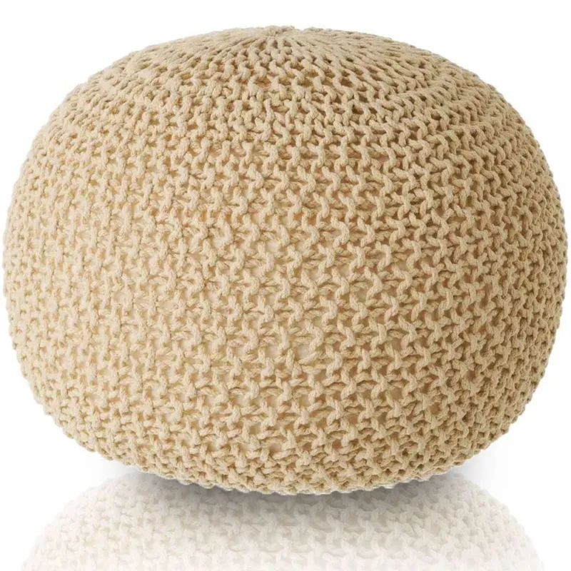 Pouf Poggiapiedi Tessuto a maglia Beige Fodera Trama Intrecco Rimovibile 45 cm Nuova Collezione