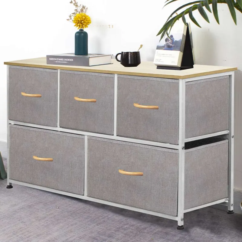 Prezzo Di Fabbrica Cassettiera 5 Cassetti Capiente Mobile Armadietto Tessuto Grigio Chiaro e Bianco