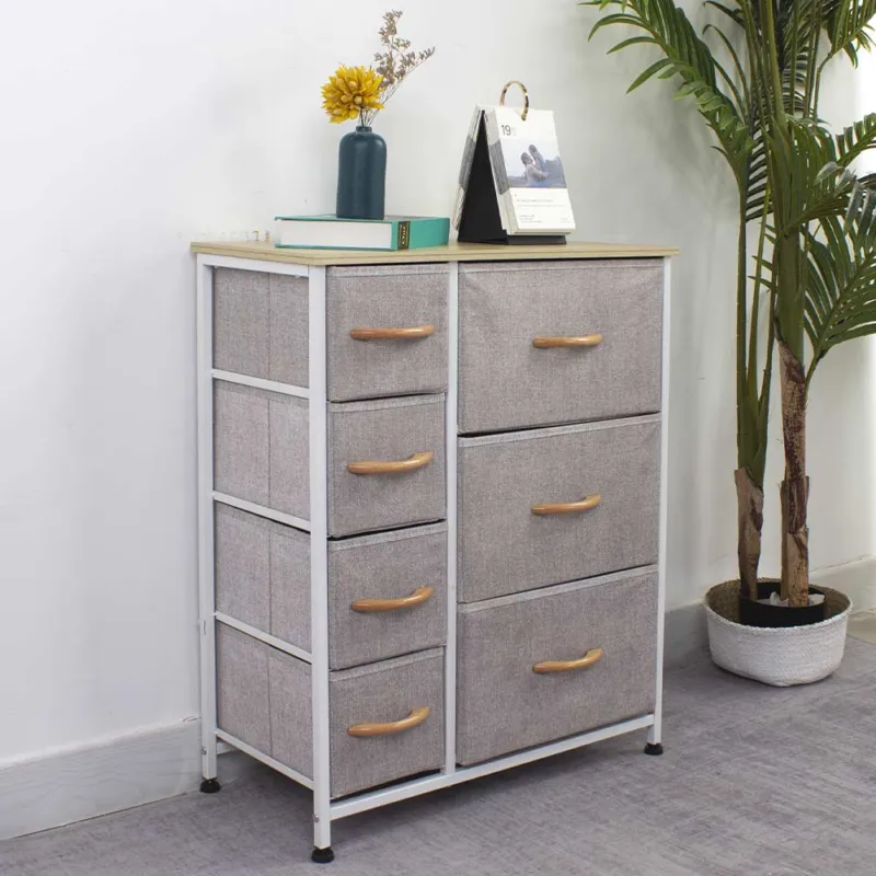 Cassettiera Capiente 7 Cassetti Mobiletto Robusto Tessuto Grigio Chiaro e Bianco Ultima Occasione