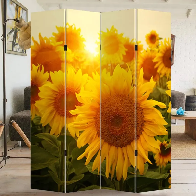 Saldi Paravento Separe‘ 4 Pannelli Struttura Legno Stampa Girasoli Grandezza 180x161cm