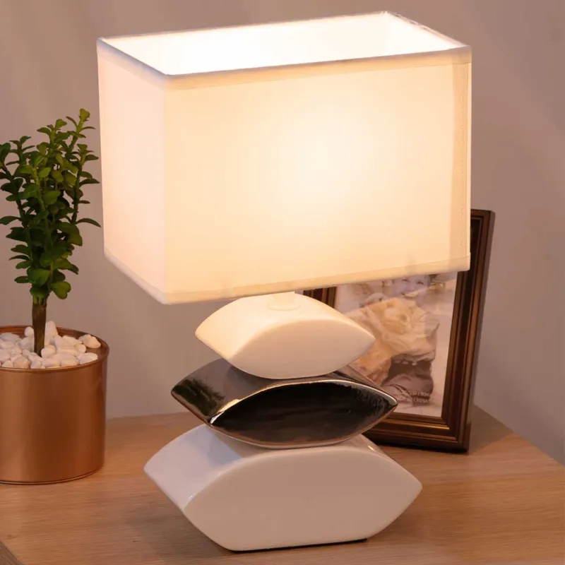 Direttamente Dal Produttore Lampada da Tavolo Lume Comodino Ceramica Tessuto Bianco Design Moderno Abatjour
