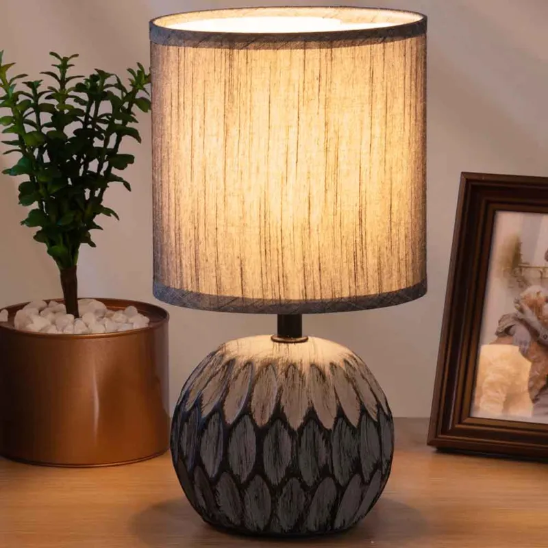 Acquista Ora Lampada da Tavolo Lume Comodino Ceramica Tessuto Grigio Design Moderno Abatjour