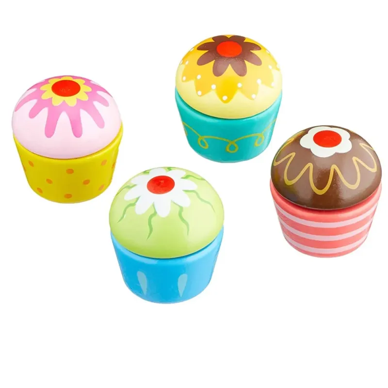 Set 4 Dolcetti Cup Cake in Legno Giocattolo Bambini Crea Cucina il tuo Cupcake Sconto