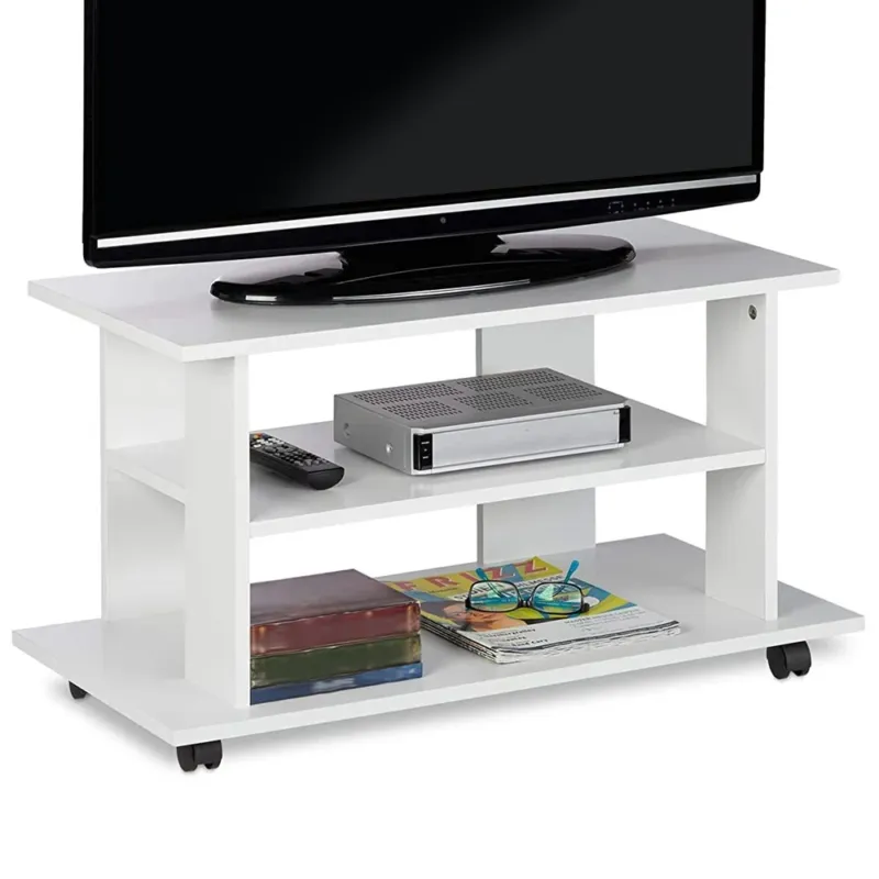Mobile TV in Legno con 2 Ripiani e Ruote Mobiletto Carrello televisore Bianco Professionale