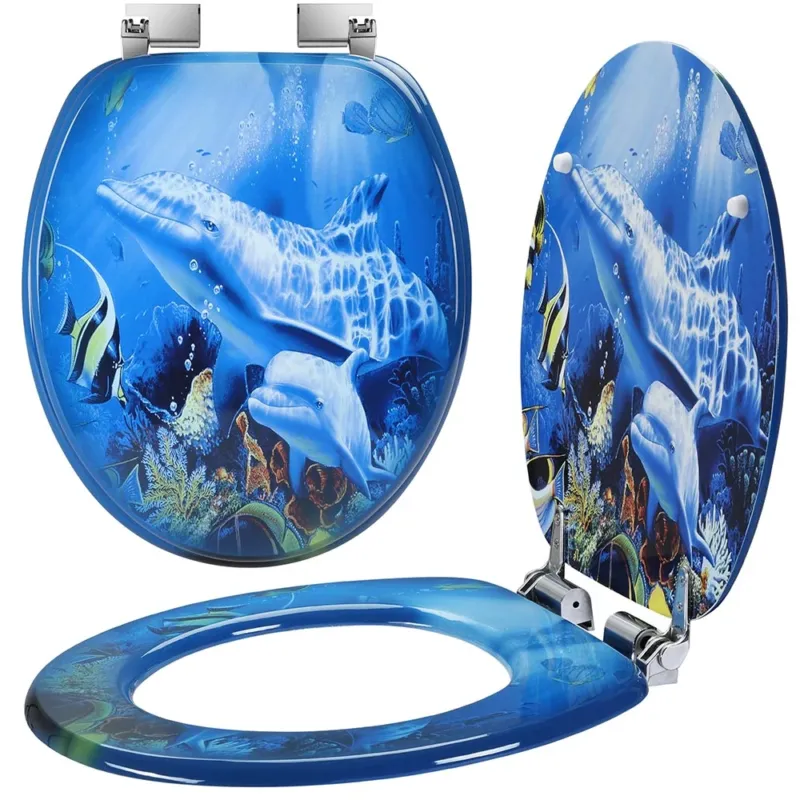 Ultimissimo Modello Copriwater Universale con Stampa Delfini Oceano Copri Tavoletta WC Bagno Legno