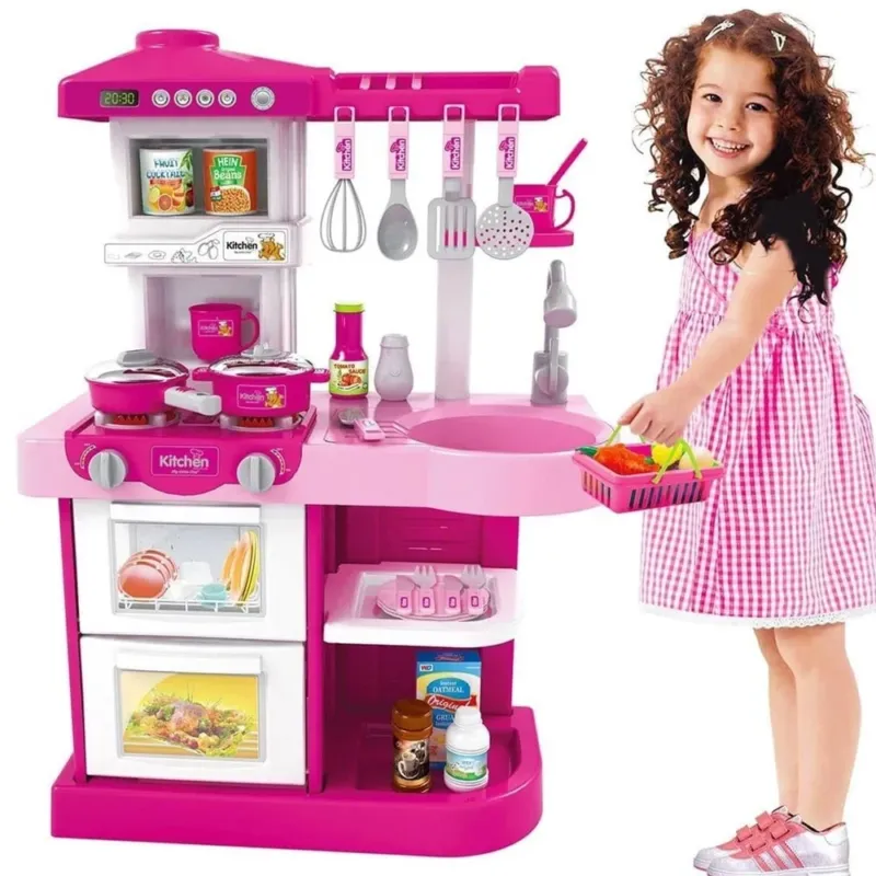 Cucina Giocattolo Bambini Fornello Luci Suoni 30 Accessori Gioco 52x26x72cm Rosa Novità