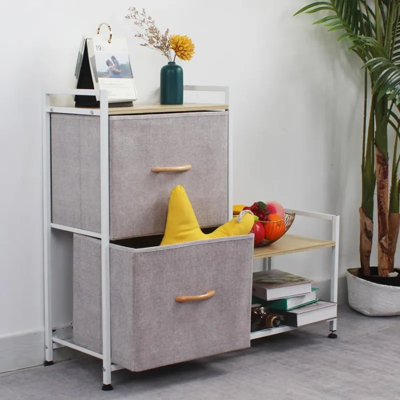 Cassettiera in Tessuto Mobile 2 Cassetti e Scarpiera 2 Ripiani Grigio e Bianco Nuova Collezione