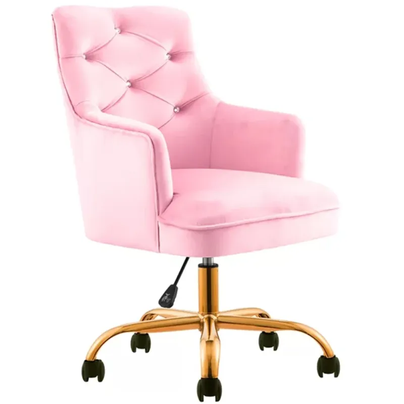 Sedia da Ufficio Ergonomica Girevole 360° Poltrona in Velluto Rosa e Gambe Oro Saldi