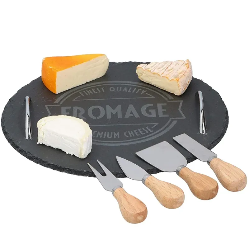 Economico Set Vassoio Tagliere Tondo per Formaggio in Ardesia + 4 Strumenti Formaggi