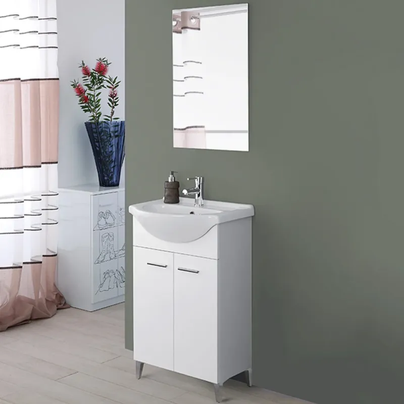 Composizione Bagno Mobile Bianco 2 Ante da Terra con Lavabo 55 cm e Specchio Ultime Pezzi