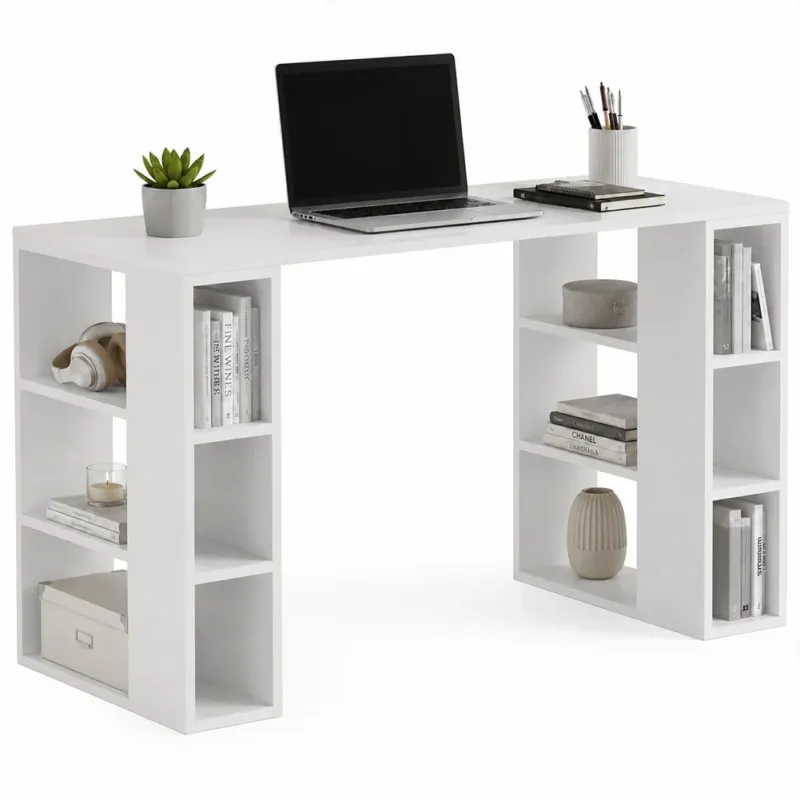 Occasione Imperdibile Scrivania Tavolo 6 Scomparti Laterali Legno Bianco 60 x 140 x 75Hcm Ufficio Casa