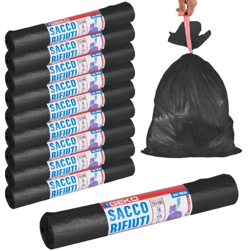 10 Rotoli Sacchetti Buste Spazzatura 115Lt 72x105 Chiusura Laccetto Nero 100pz A Buon Prezzo