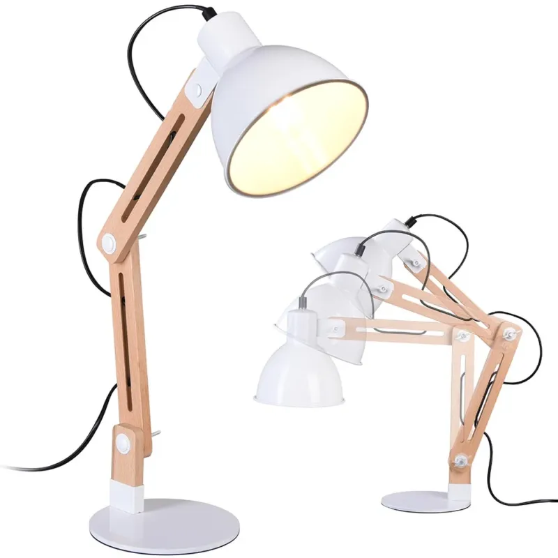 Lampada Tavolo Scrivania Inclinabile in metallo e Legno Luce E27 Design Moderno Nuova Collezione