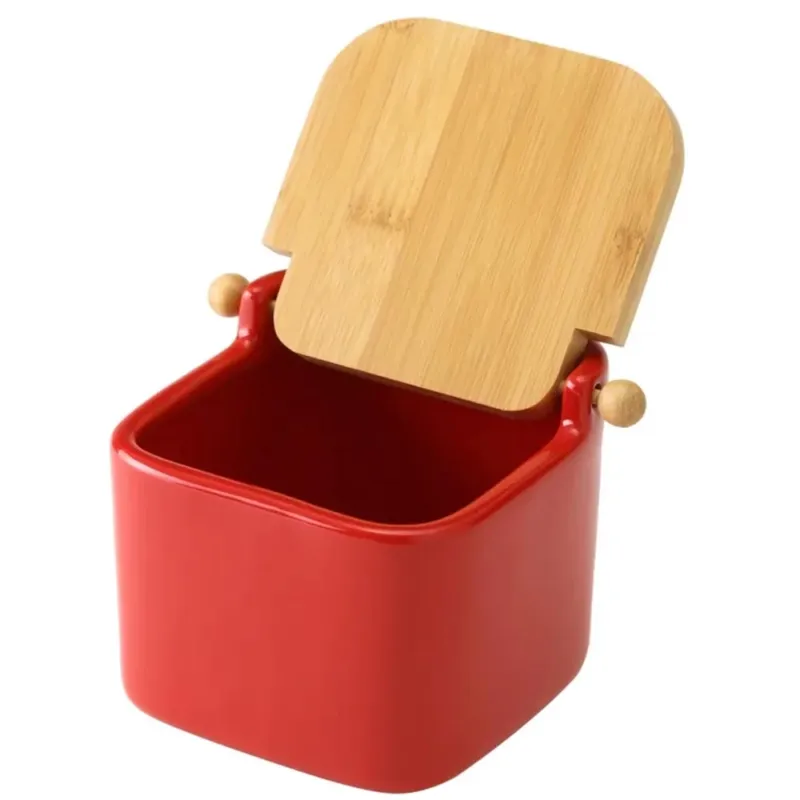 Popolare Barattolo Ceramica Tappo Legno Bambu Sale Zucchero Caffe Saliera 0,7lt Rosso