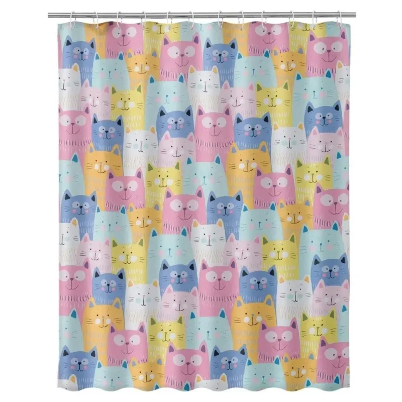 Tenda Doccia Bagno Stampa Gatti Gattini multicolor 180x200cm Tessuto con Ganci Reso Gratuito