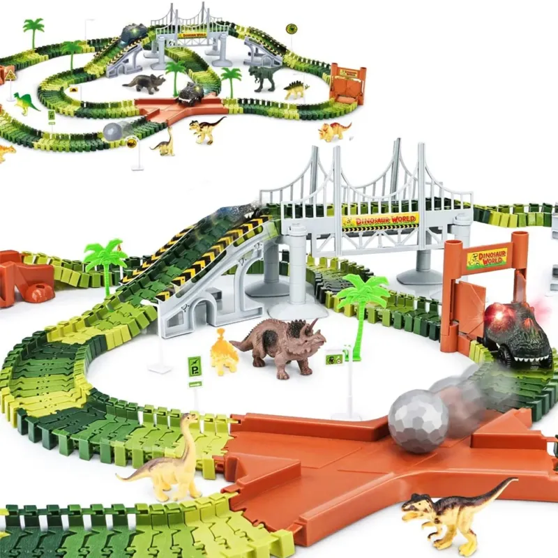 Pista Macchinine Flessibile Parco Dinosauri Costruzione 216 pz con Macchinina Offerta Lampo