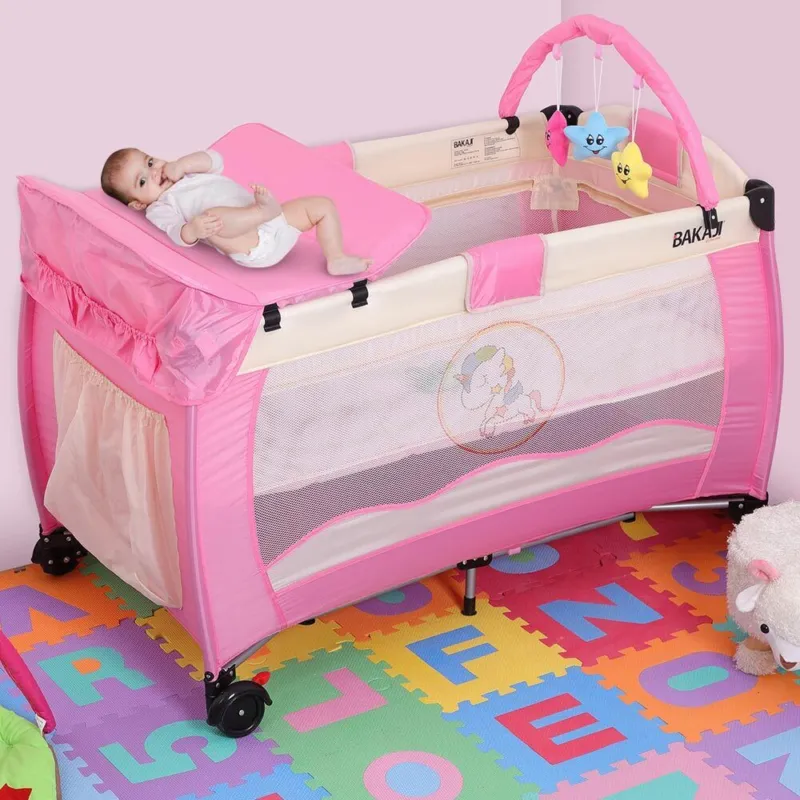 Prezzo Basso Lettino Culla Box Gioco + Fasciatoio e Giochi Bambini Campeggio Pieghevole Rosa