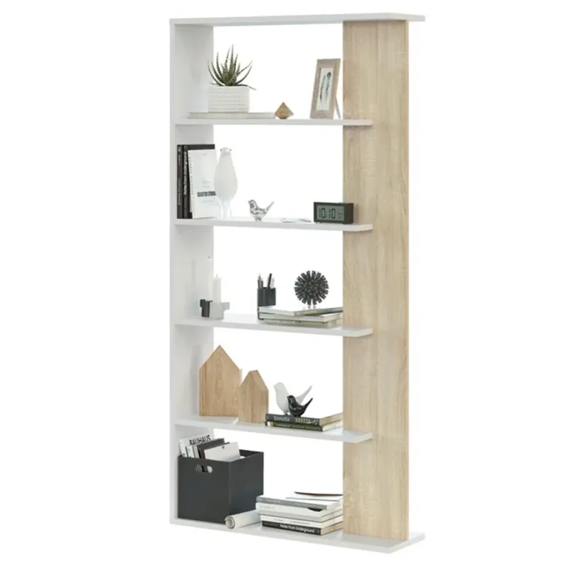 Saldi Libreria Design Moderna Scaffale 5 Ripiani 180x25x90 Casa Ufficio Bianco Rovere