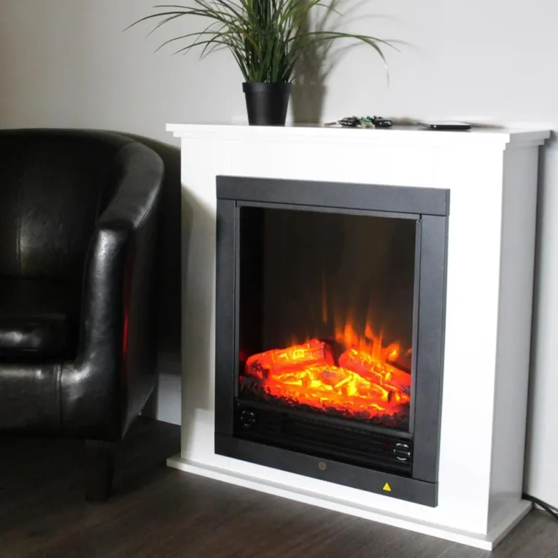 Promozione Camino Elettrico Da Terra Caminetto Geneva 1800W Effetto Fuoco + Cornice Bianca
