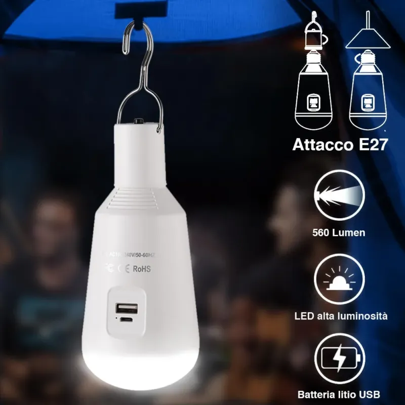 Lampadina a Batteria USB E27 Luce Led Lampada Emergenza Campeggio con Powerbank Bestseller