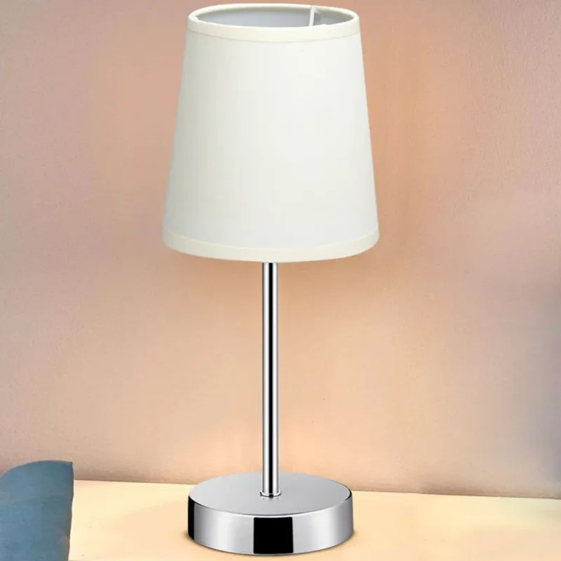 Spedizione Espresso Lampada da Tavolo Lume da Comodino Abatjour Acciaio Cromato e Tessuto Beige
