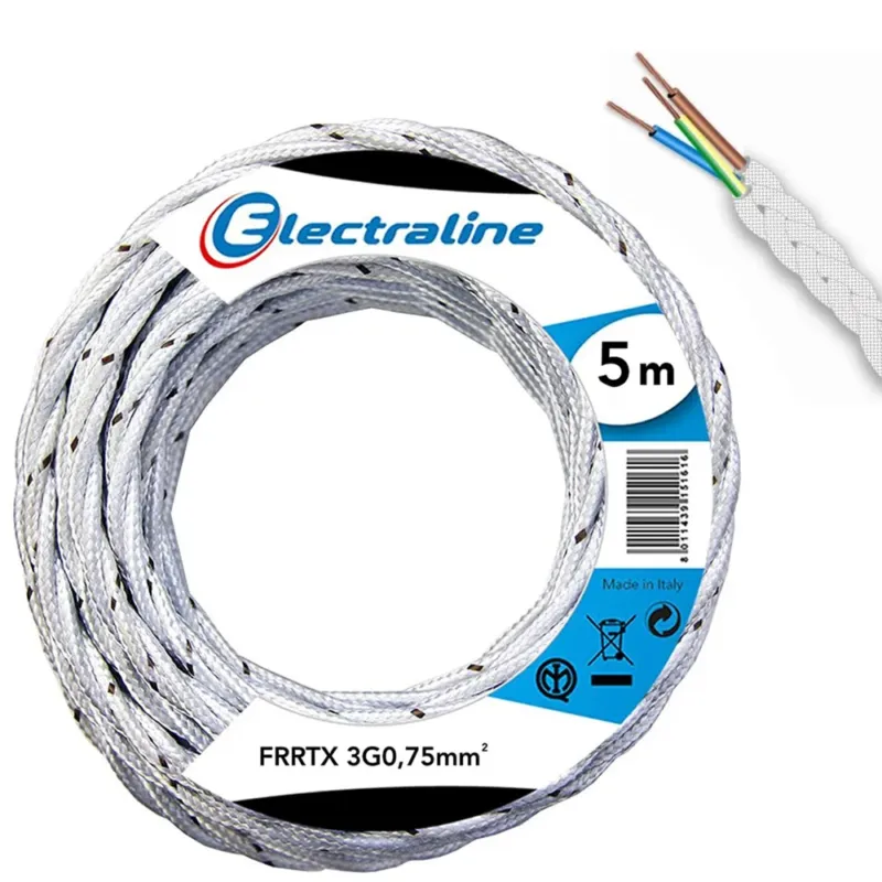 Più Venduto Cavo Elettrico in Tessuto FRRTX 5mt Intrecciato per Lampada e Lampadario Bianco