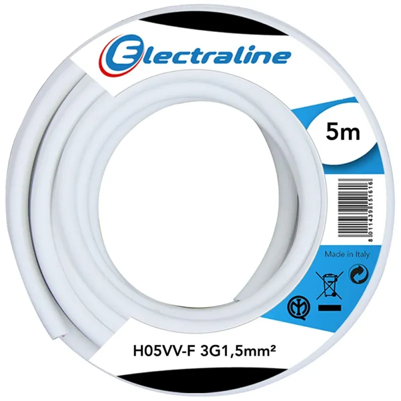 Offerta Del Giorno Cavo Elettrico Prolunga 5mt 3G1.5 mm H05VV-F Matassa Filo Elettrico Bianco
