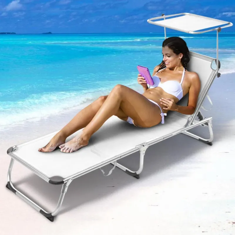 Offerta Speciale Lettino Prendisole con Tettuccio Parasole Sdraio Mare Bianc Alluminio Pieghevole